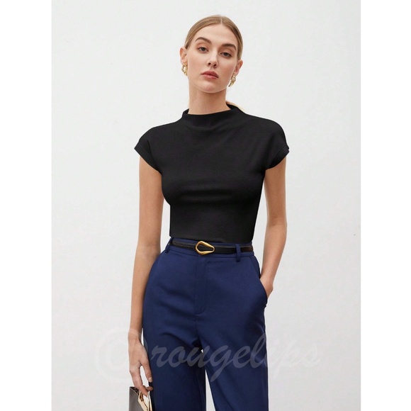 Black High Neck Cap Short Sleeve Tee Shirt - Picture 2 of 12